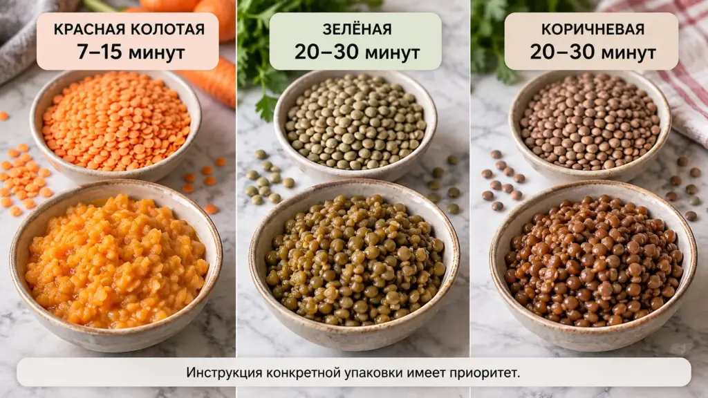 Время варки красной, зелёной и коричневой чечевицы