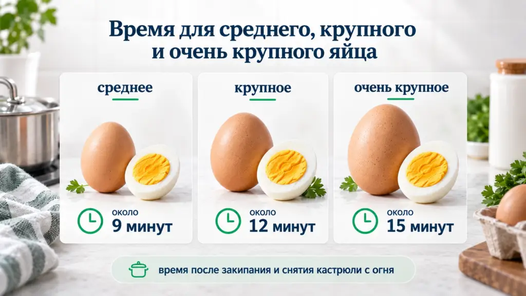 Время приготовления яиц вкрутую разного размера