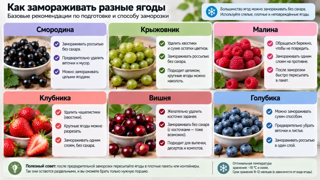 Смородина, крыжовник, малина, клубника, вишня и голубика перед заморозкой