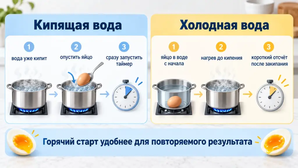 Сравнение варки яйца всмятку с горячего и холодного старта.