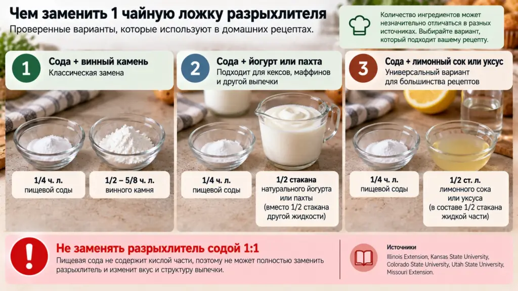 Чем заменить одну чайную ложку разрыхлителя в тесте