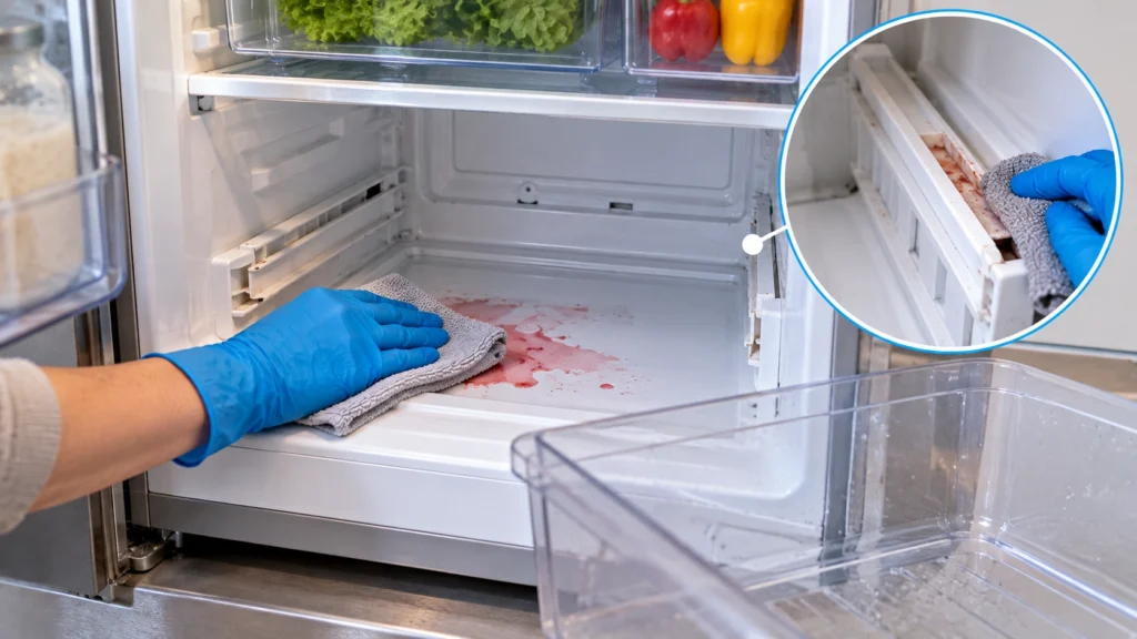 Очистка холодильника после протёкшего мясного продукта