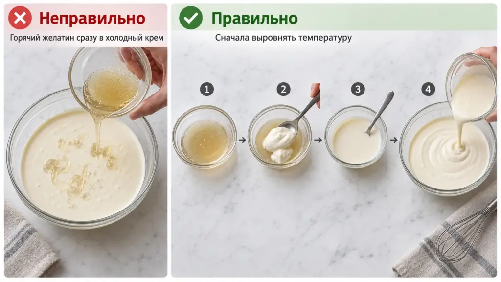 Как смешать распущенный желатин с холодным кремом без комков