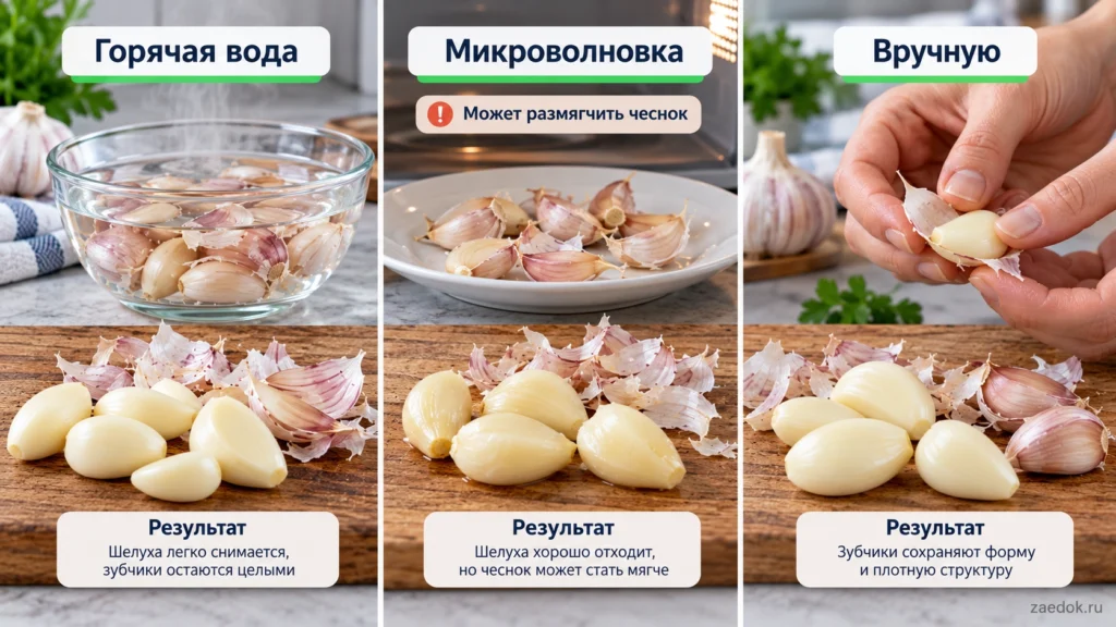 Сравнение чеснока после очистки горячей водой, микроволновкой и вручную с сохранением формы зубчиков