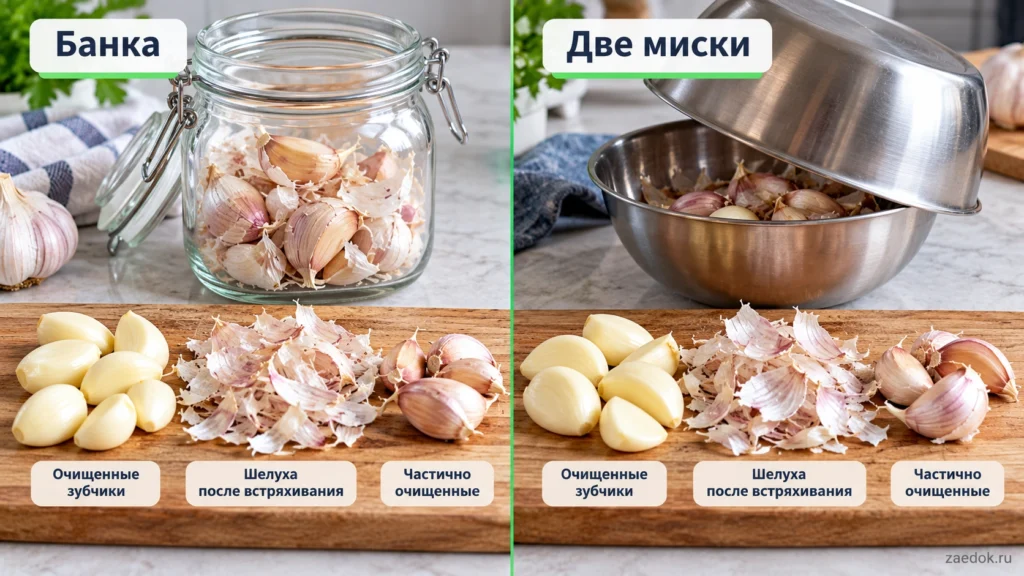 Сравнение очистки чеснока в банке и между двумя металлическими мисками с результатом встряхивания