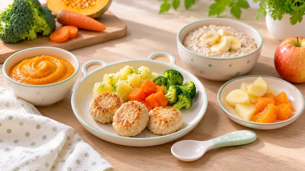 Домашнее детское питание: куриные котлеты с овощами, нежное пюре, овсяная каша с бананом и фрукты