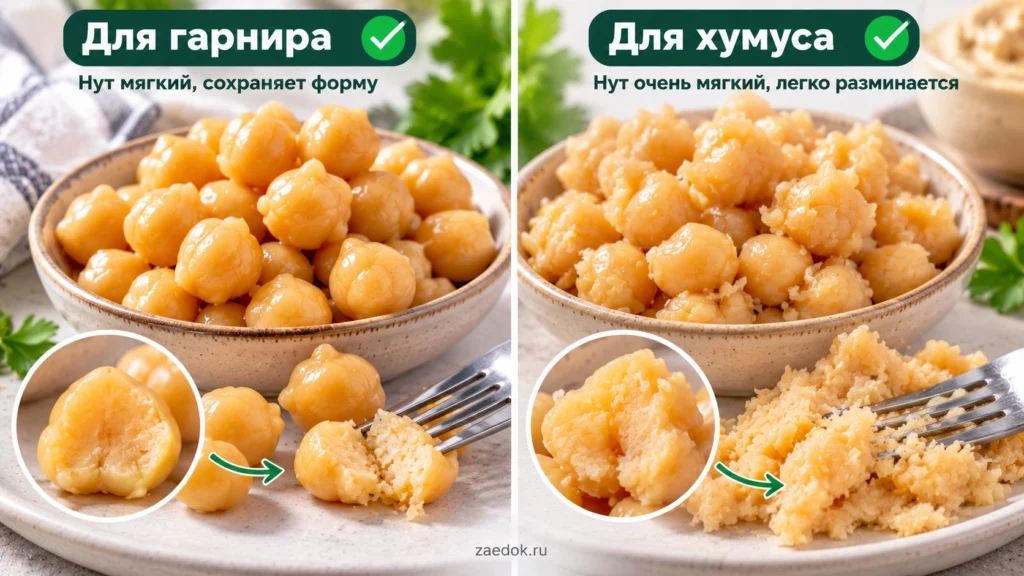 Проверка мягкости варёного нута для гарнира и хумуса с помощью вилки.