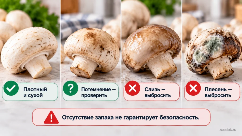 Сравнение свежего шампиньона, потемневшего гриба и грибов с признаками порчи — слизью и плесенью.