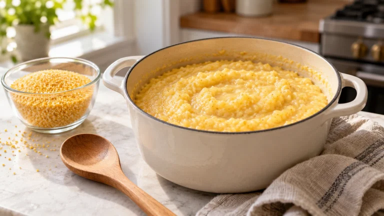 Кукурузная крупа и готовая кукурузная каша в кастрюле