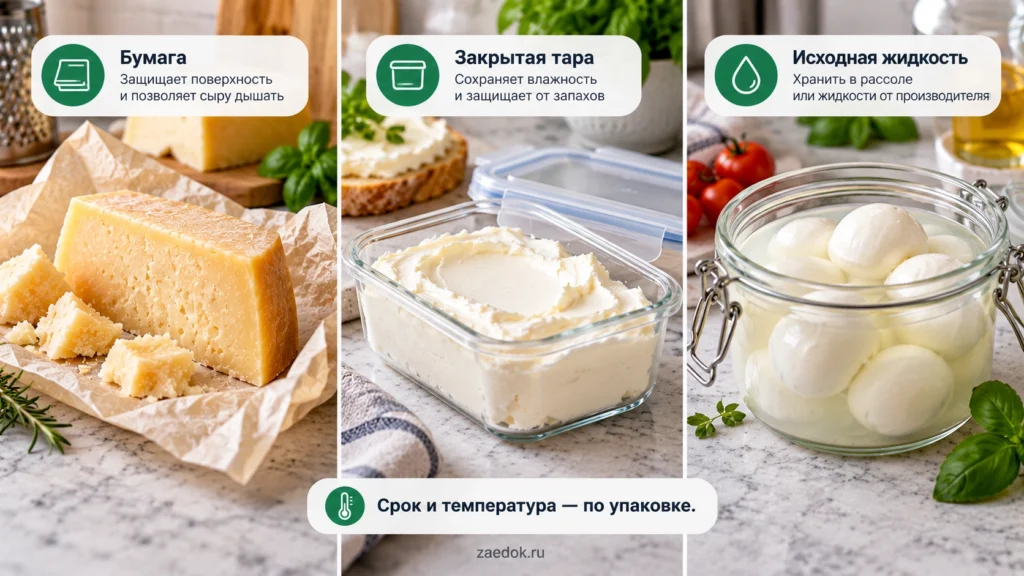 Твёрдый сыр в пергаменте, свежий сливочный сыр в контейнере и моцарелла в исходной жидкости.