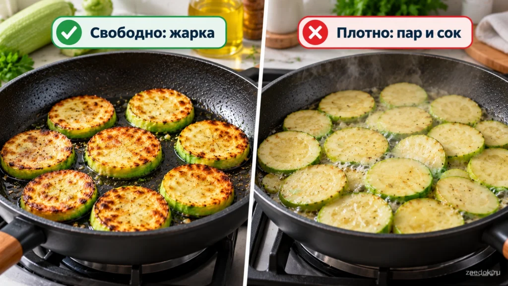 Сравнение кабачков при свободной и слишком плотной выкладке на сковороде.