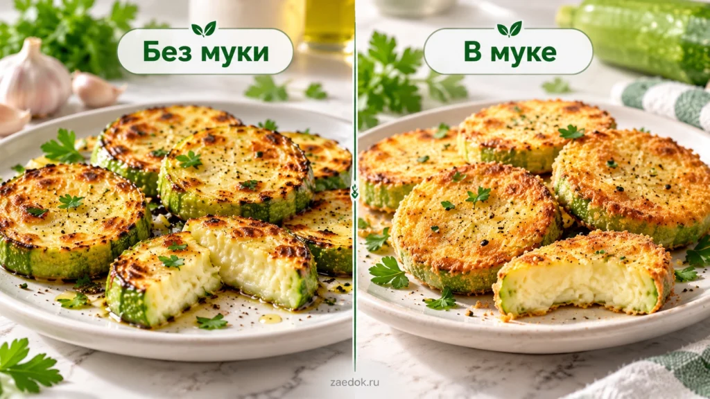 Сравнение жареных кабачков без муки и кабачков в тонкой мучной панировке.