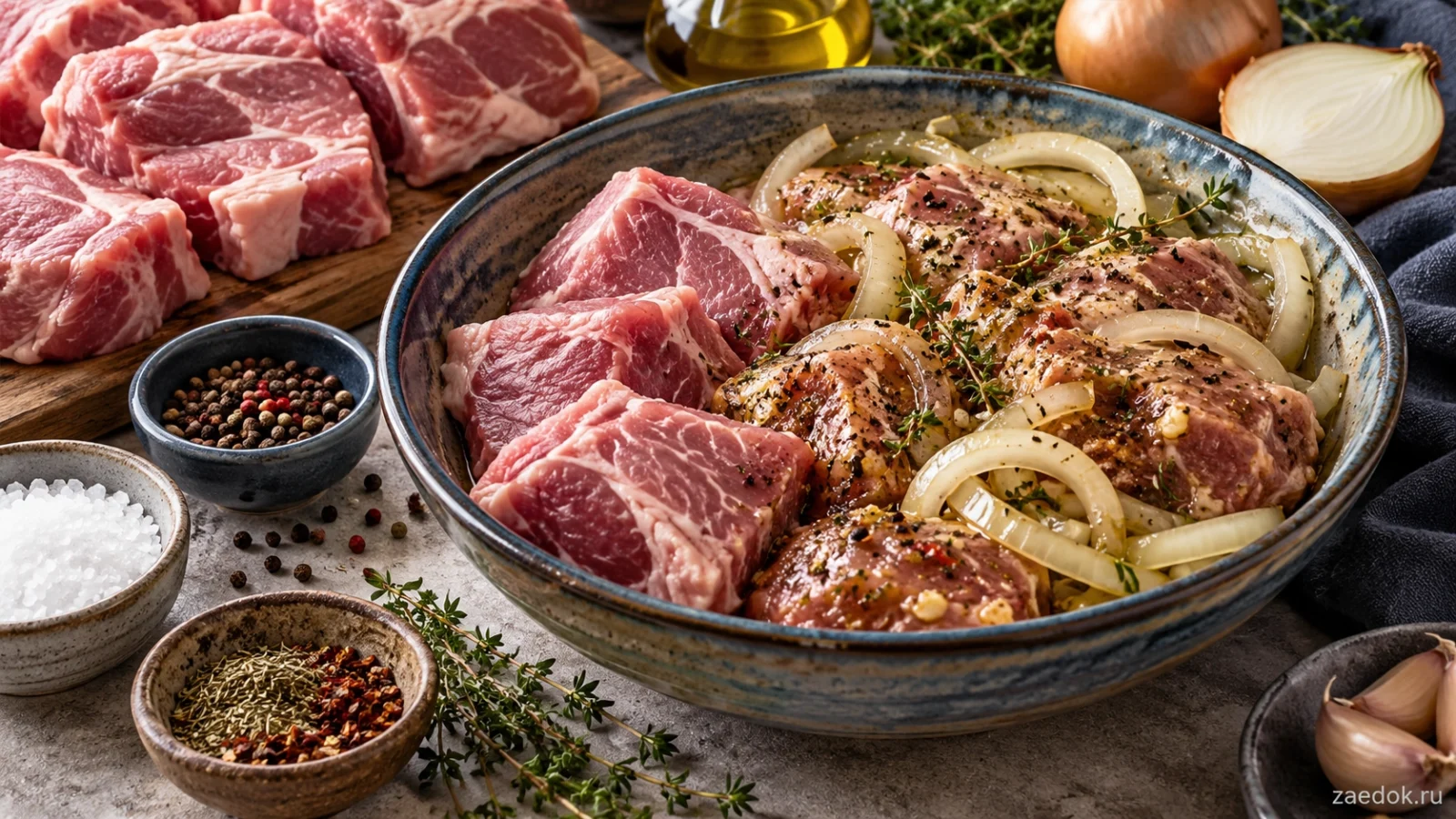 Сырое мясо в миске с луком, маслом и специями для домашнего маринования.