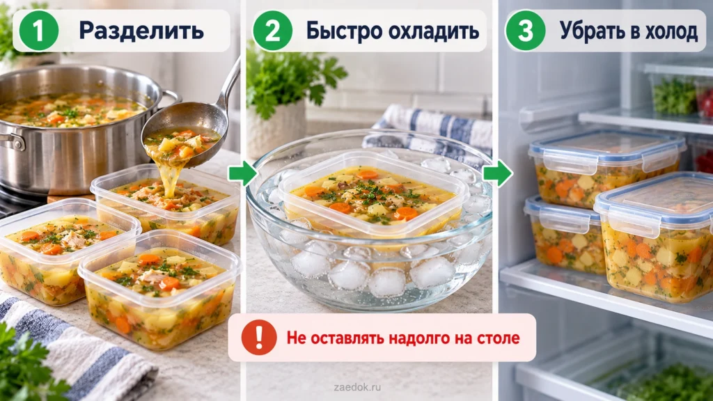 Три стадии быстрого охлаждения супа перед замораживанием: разделение на порции, холодная водяная баня и подготовка к холодильнику.