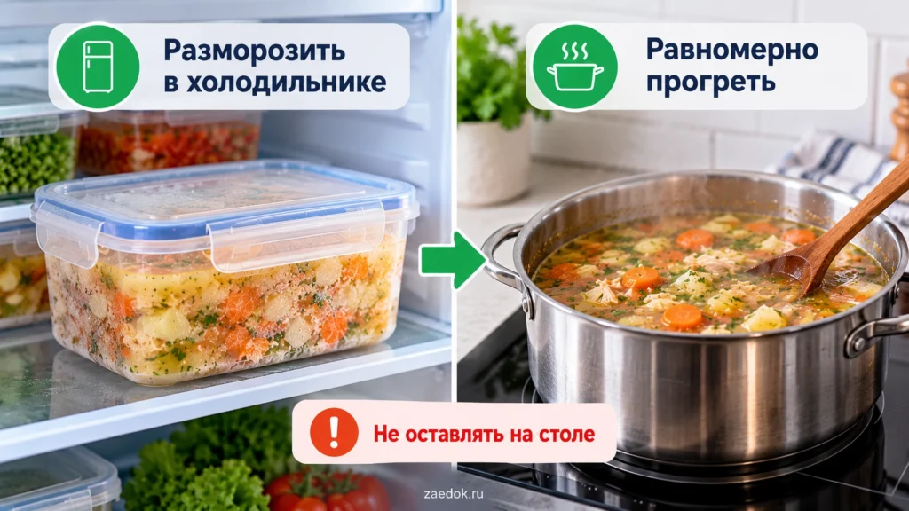 Замороженный суп в контейнере в холодильнике и разогрев размороженной порции в кастрюле.