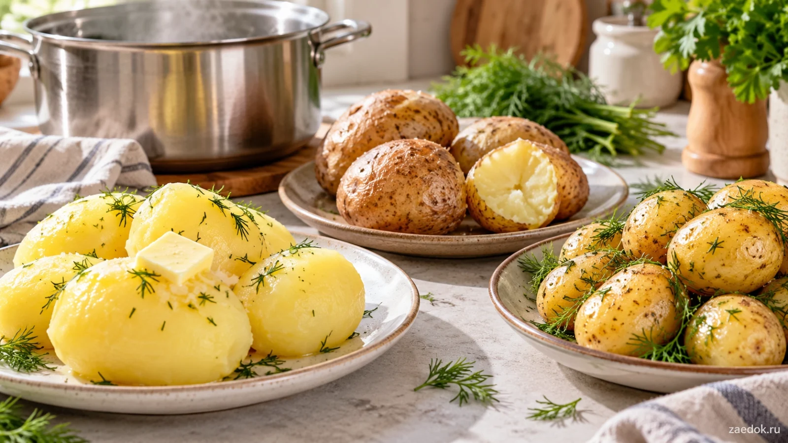 Очищенный варёный картофель, картофель в мундире и молодой картофель с укропом рядом с кастрюлей.
