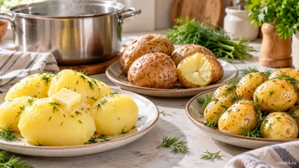Очищенный варёный картофель, картофель в мундире и молодой картофель с укропом рядом с кастрюлей.