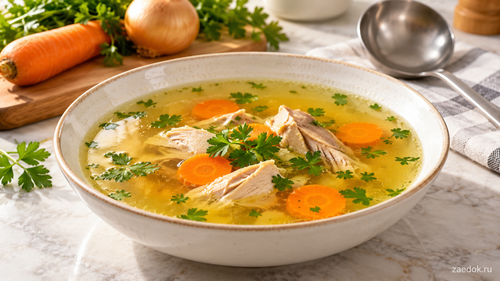 Прозрачный золотистый куриный бульон с отварным мясом, морковью и свежей зеленью.