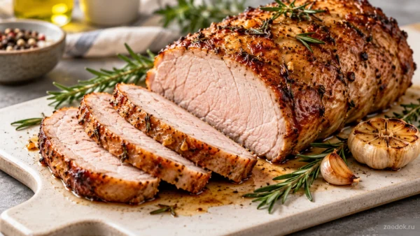Сочная свинина, запечённая в духовке целым куском, с румяной корочкой и ломтиками на доске.