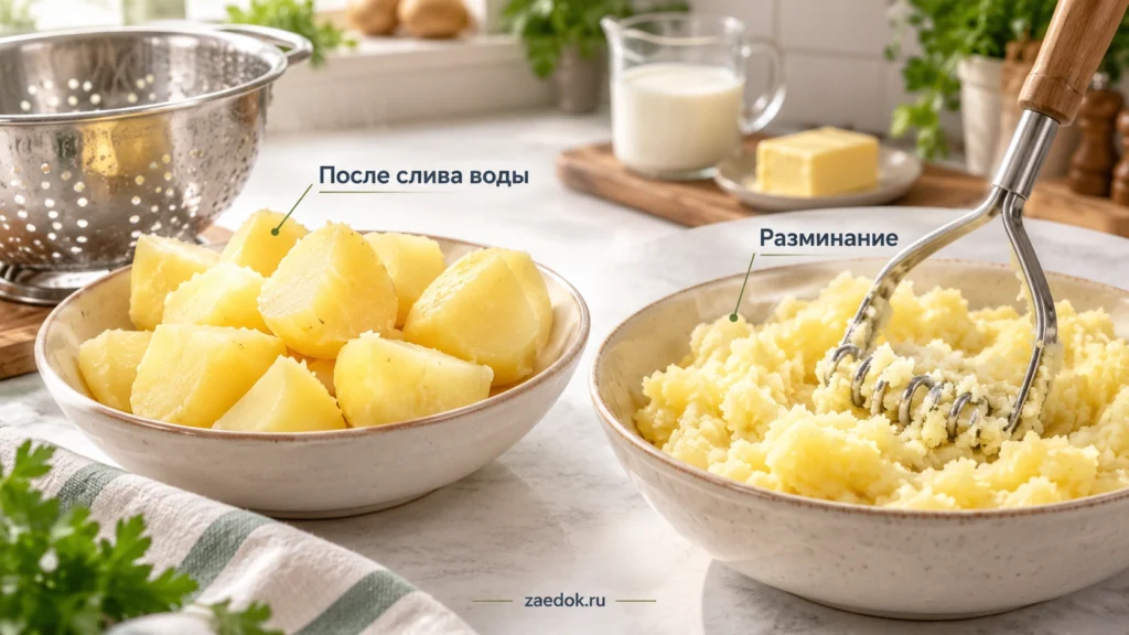 Отваренные кусочки картофеля после слива воды и разминание картофеля для пюре.