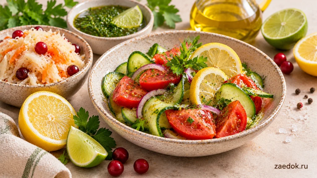 Блюда с кислым вкусом: овощной салат с лимоном, квашеная капуста с клюквой, лайм и зелёный соус