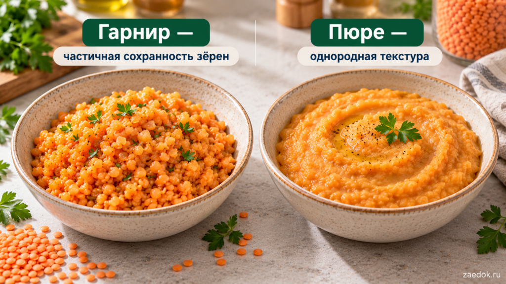 Сравнение готовой красной чечевицы для гарнира с частично сохранившимися зёрнами и полностью разваренного чечевичного пюре.