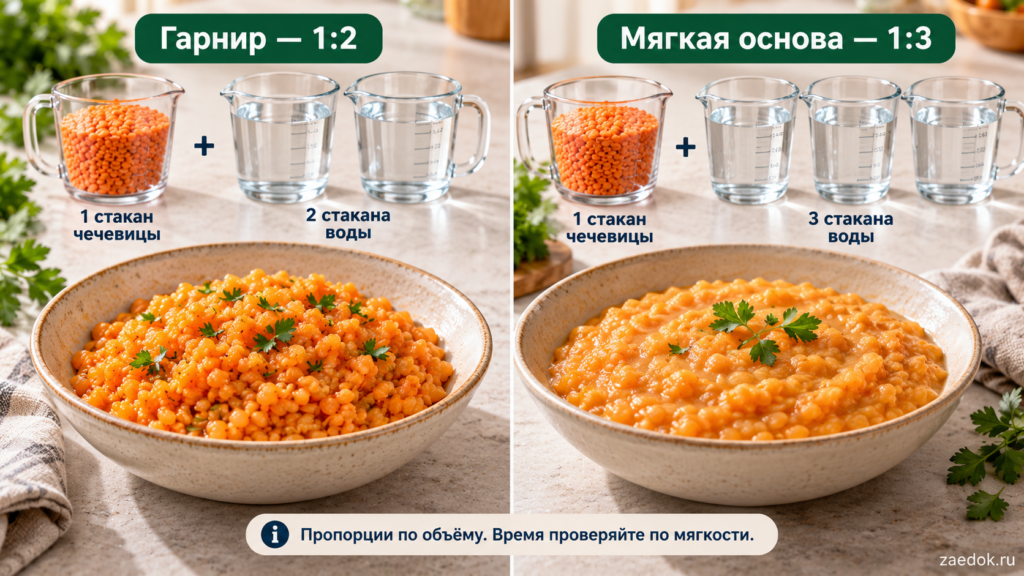 Соотношение красной чечевицы и воды один к двум для гарнира и один к трём для мягкой основы.