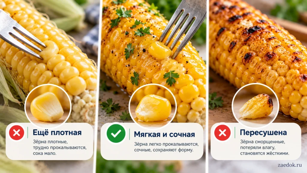 Три состояния зёрен кукурузы после запекания: недопечённые, мягкие сочные и пересушенные.