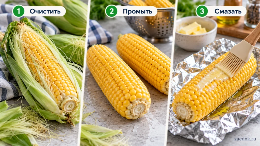 Три стадии подготовки кукурузы для духовки: удаление листьев, очистка волокон и смазывание маслом.