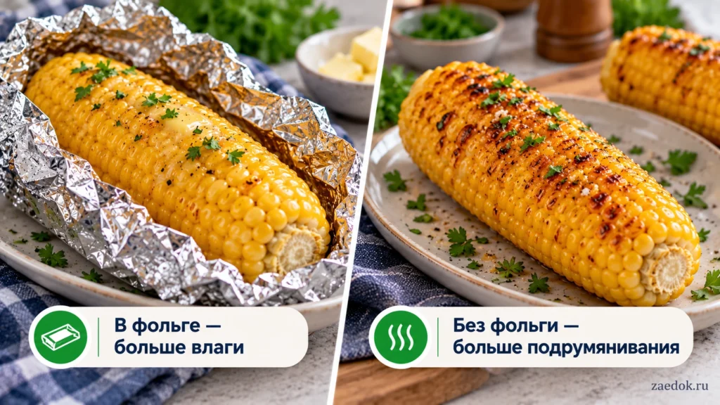 Сравнение кукурузы, запечённой в фольге и без фольги: сочные золотистые зёрна и подрумяненная поверхность.