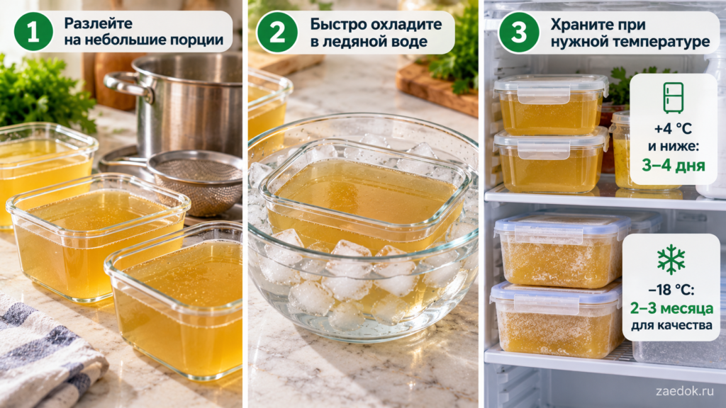 Быстрое охлаждение куриного бульона в небольших контейнерах и сроки хранения в холодильнике и морозильной камере.