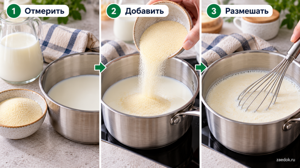 Добавление сухой манки в холодное молоко и перемешивание венчиком перед варкой.
