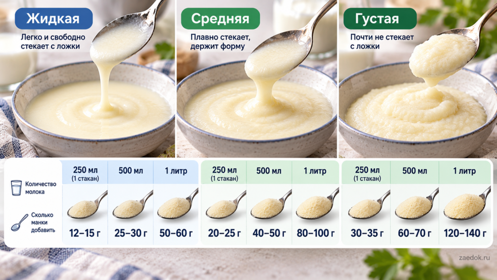 Пропорции манной крупы и молока для жидкой, средней и густой манной каши.