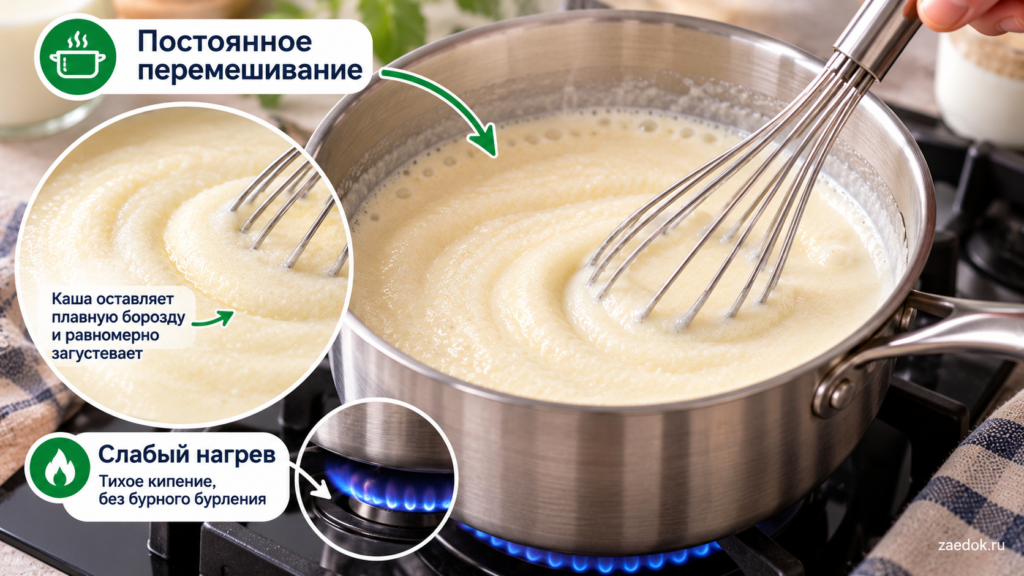 Манная каша на молоке при слабом кипении с венчиком для предотвращения пригорания.