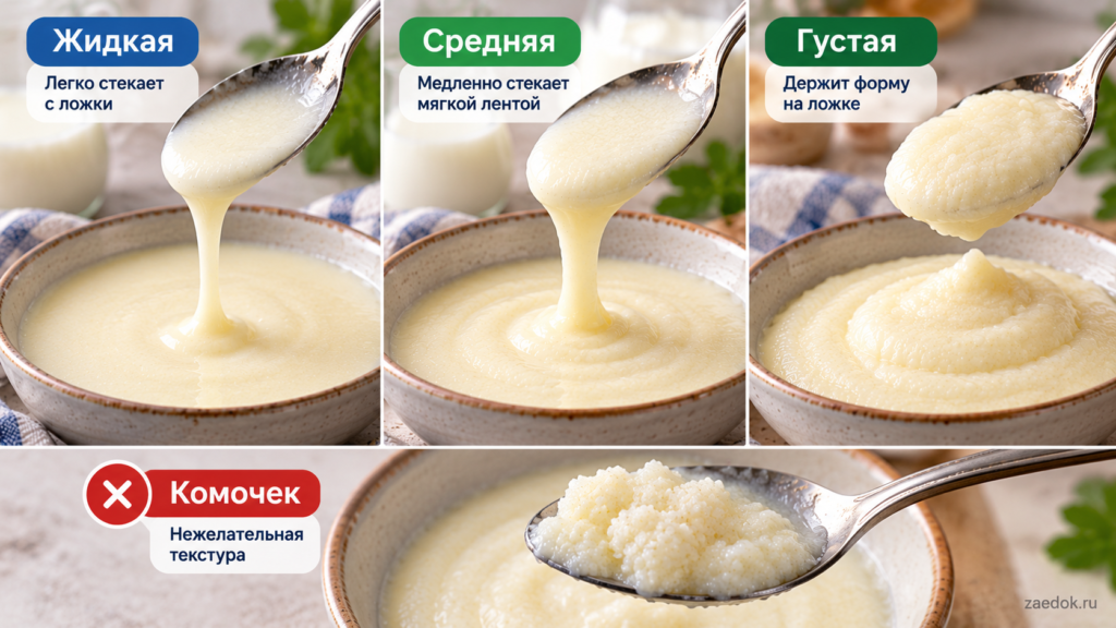 Сравнение жидкой, средней и густой манной каши на ложках и пример комочка.