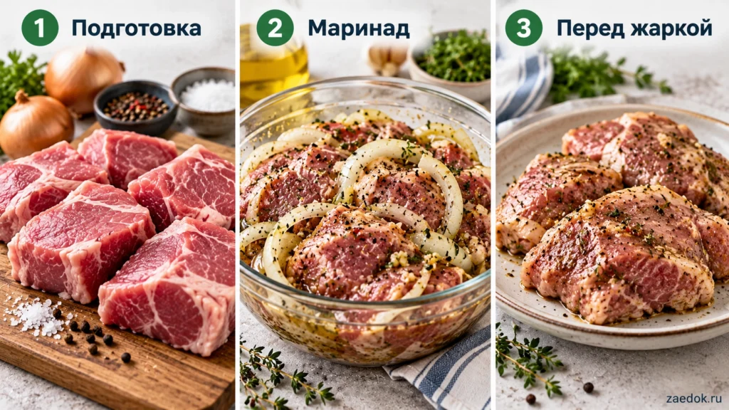 Три этапа маринования мяса: нарезанные куски, смешивание с луком и специями, подготовка к жарке