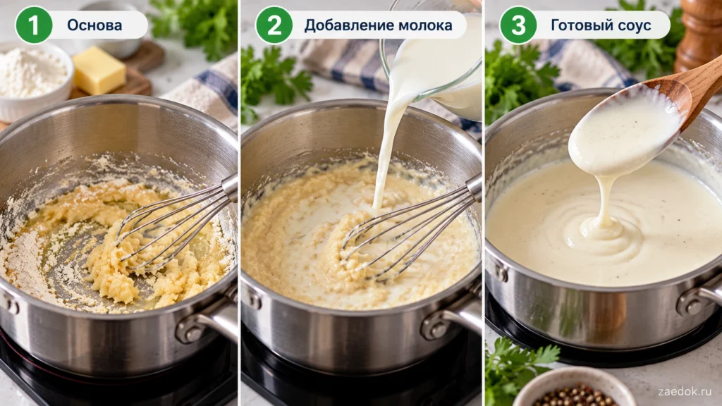 Три стадии приготовления молочного соуса: соединение масла с мукой, добавление молока и готовая гладкая консистенция.