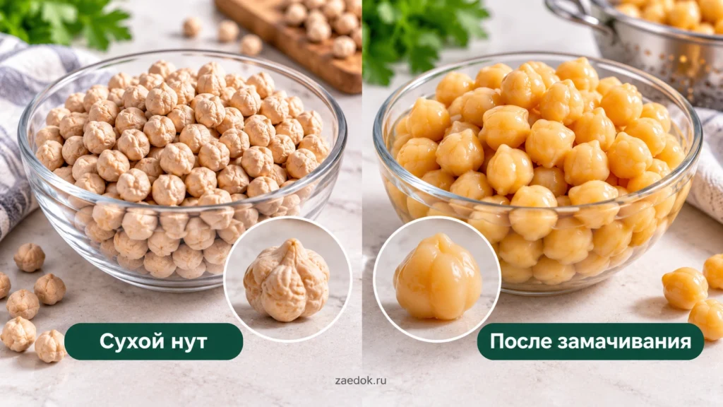 Сравнение сухого нута и набухших зёрен после замачивания в воде.