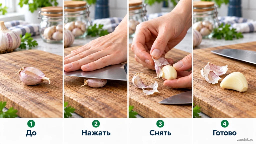 Четыре этапа очистки зубчика чеснока лёгким нажатием плоской стороны ножа