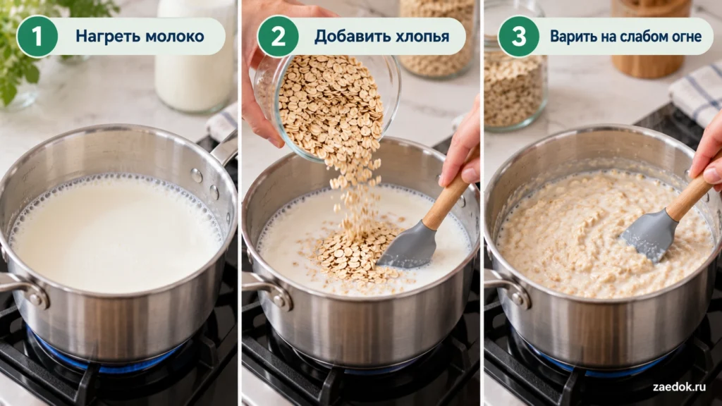 Три этапа приготовления овсянки на молоке: нагрев молока, добавление хлопьев и перемешивание загустевающей каши.