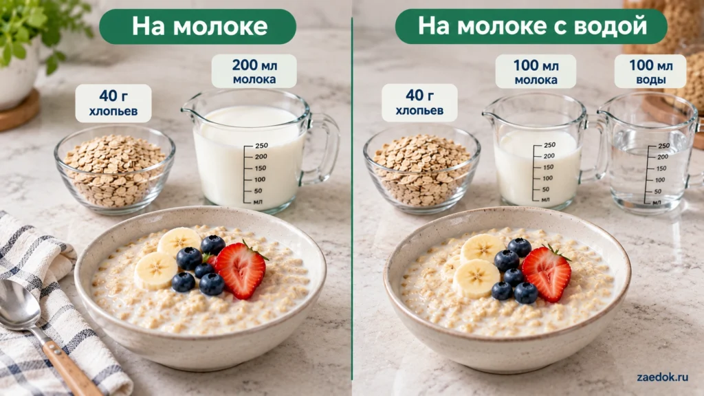 Сравнение овсяной каши на цельном молоке и на смеси молока с водой при одинаковом количестве хлопьев.