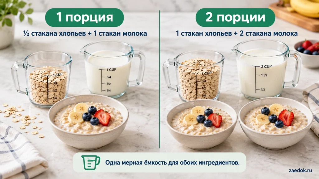Пропорции овсяных хлопьев и молока для одной и двух порций каши, показанные мерными стаканами.