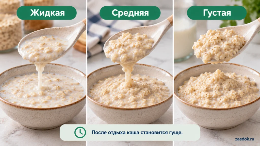 Три консистенции готовой овсянки на молоке: жидкая, средняя и густая, показанные на керамических ложках.