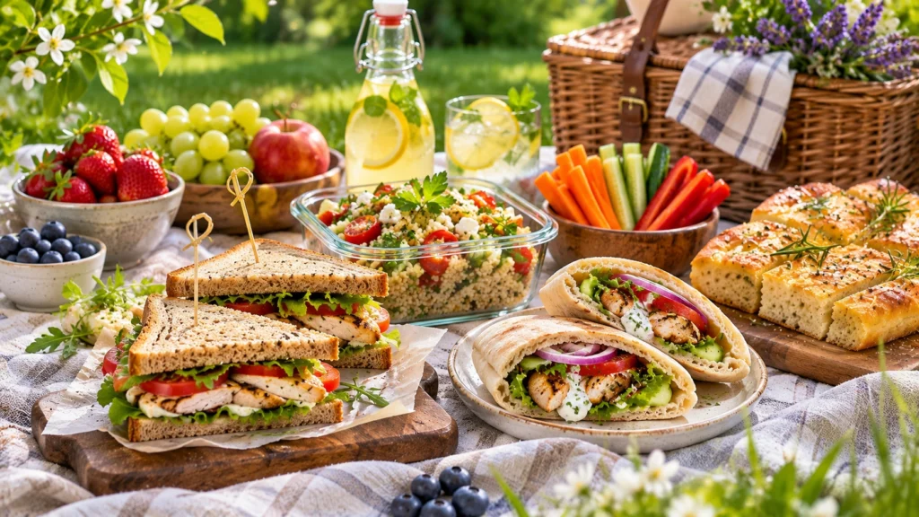 Еда для пикника на природе: сэндвичи с курицей, пита с начинкой, салат с крупой и овощами, фокачча, ягоды и домашний лимонад