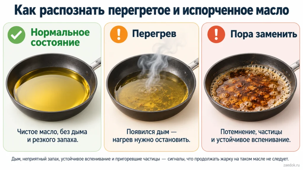 Признаки нормального состояния, перегрева и ухудшения растительного масла.