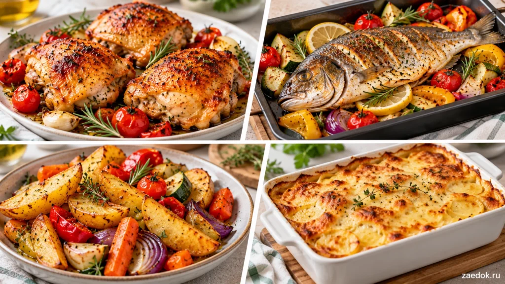 Курица, рыба, картофель с овощами и гратен как примеры блюд для гриля с конвекцией.