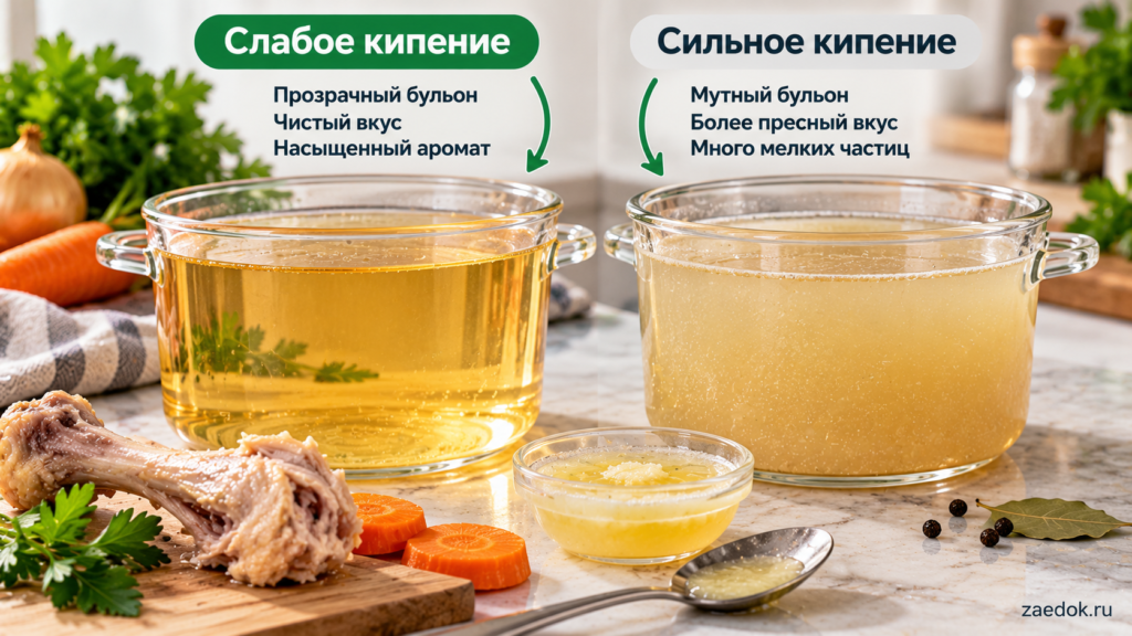Три стадии варки куриного бульона: холодная вода, образование пены и слабое кипение.