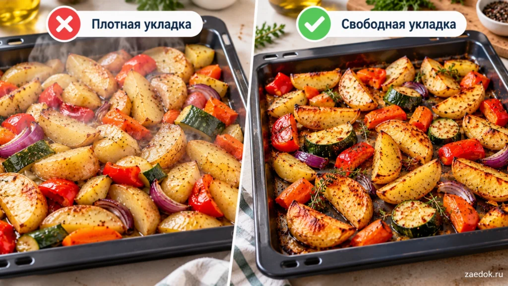 Сравнение плотной и свободной укладки картофеля с овощами на противне.