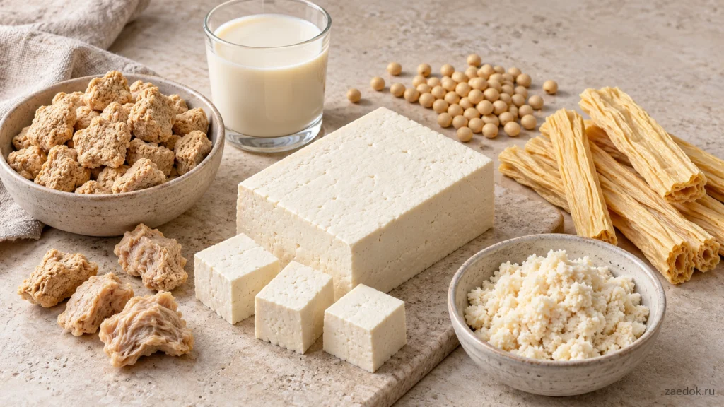 Растительные белковые продукты: сыр тофу, соевое мясо, соевая спаржа фучжу, окара и соевое молоко