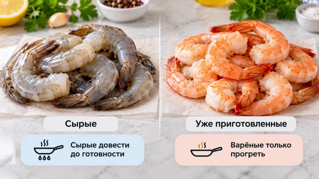 Сырые и варёно мороженые креветки перед жаркой